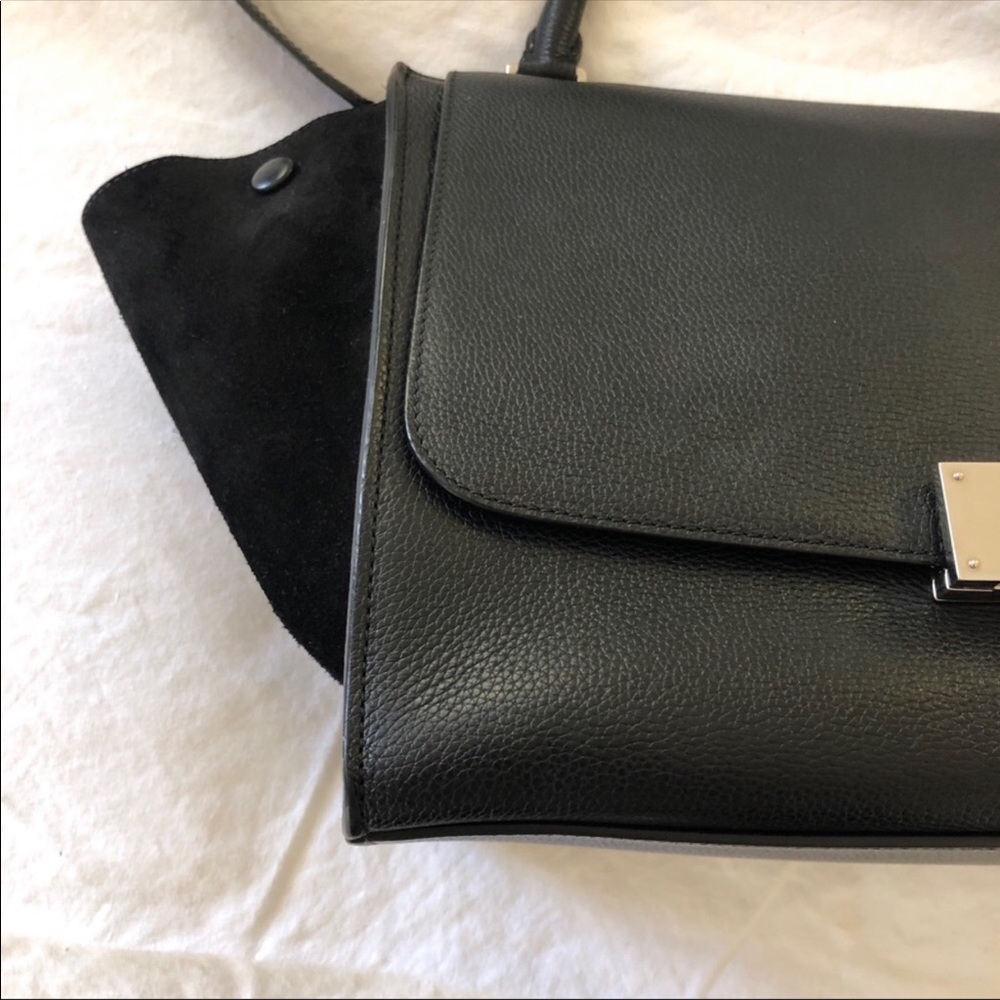 Celine Black Leather Top Handle Shoulder Bag with Suede Wings - Picture 3 of 7
